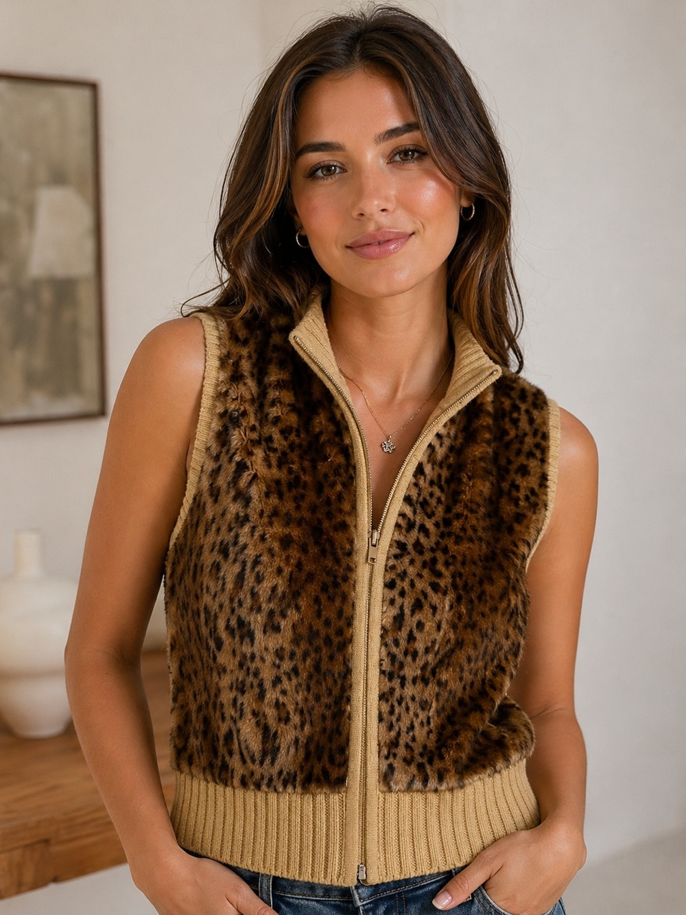 Nina Leonard Leopard Faux Fur Zip Vest - Knit Trim - Size Large